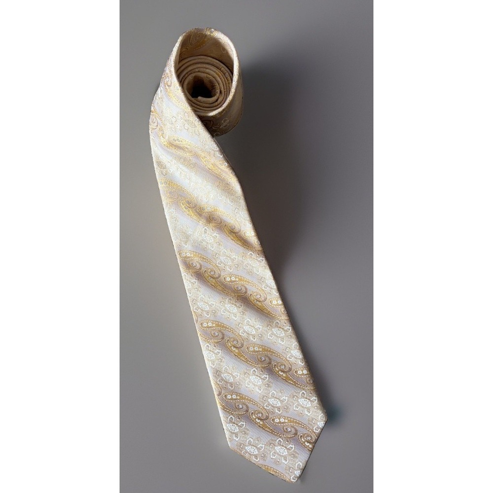 Emilio Ponti Roma Milano Neckwear Tie Gold Stripe Paisley Pattern 100% Silk JBHS